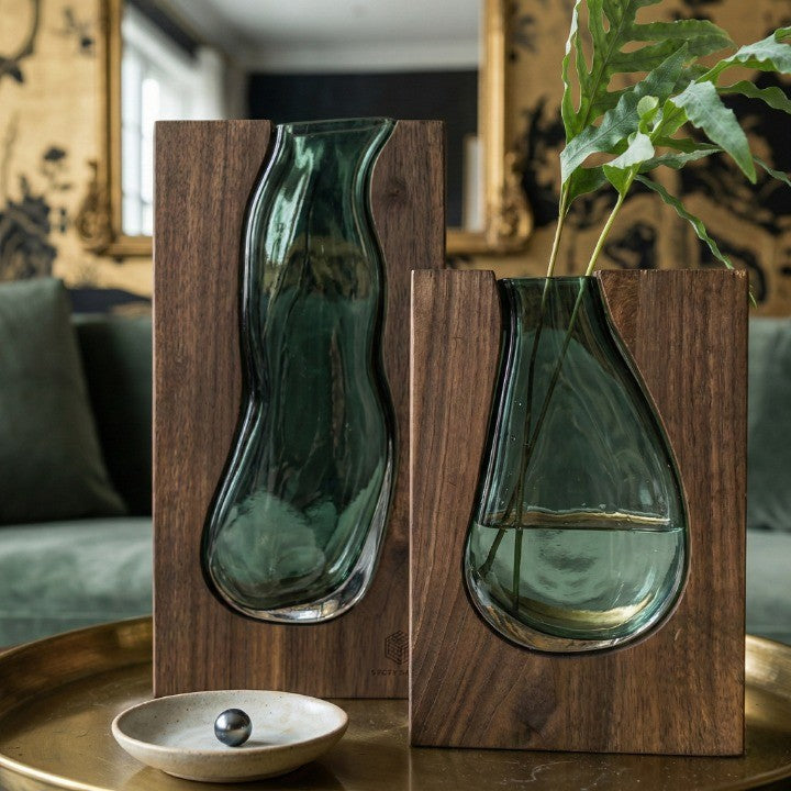 Geometric Wooden Glass Accent Flower Vase
