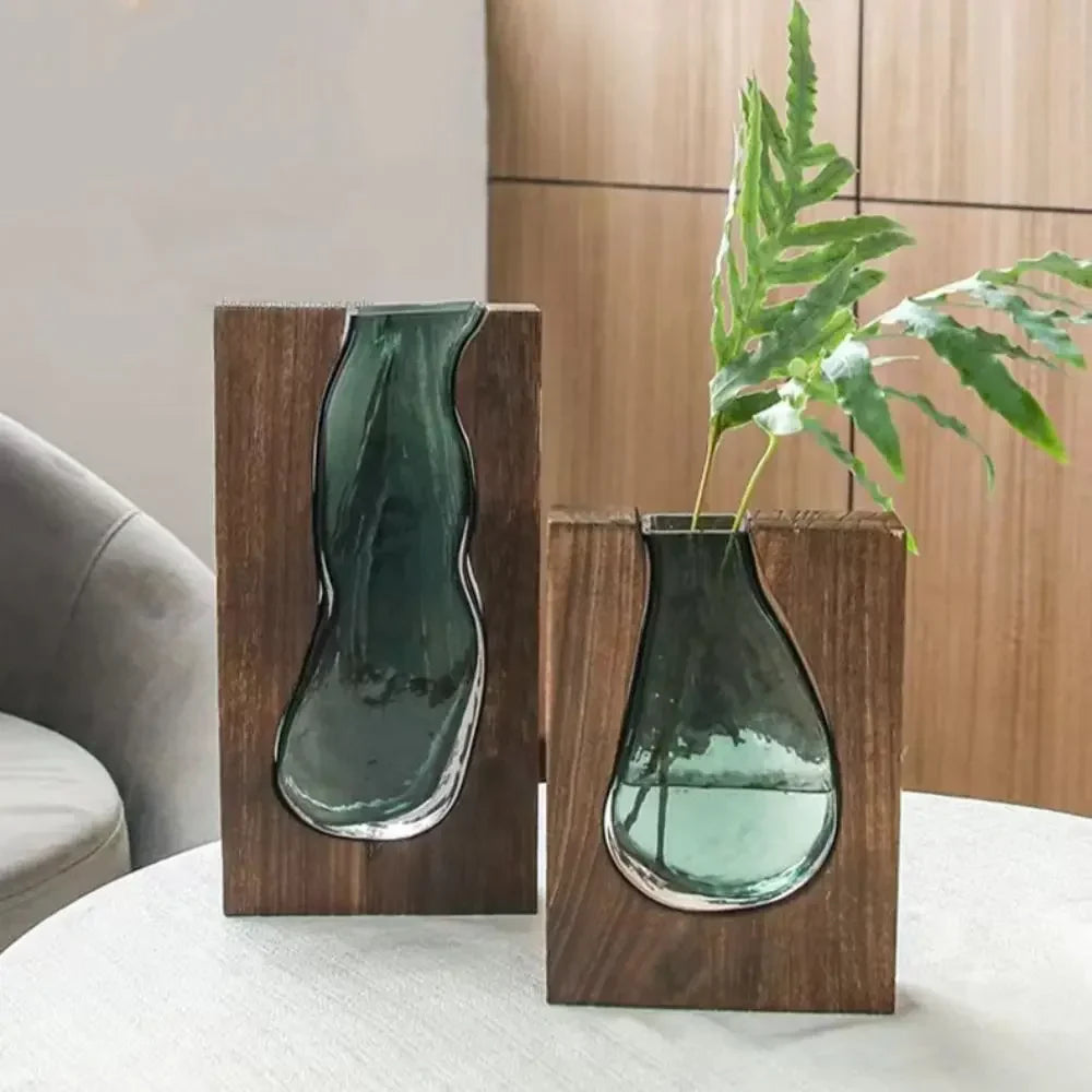 Geometric Wooden Glass Accent Flower Vase
